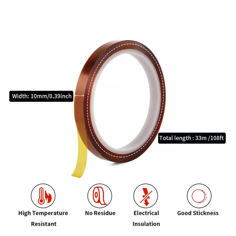 VCHOMY 2Rolls 10mmx33m(108ft) Heat Tape for Sublimation,Heat Press,Heat Transfer Polyimide 500℉ High Temperature Resistant Kapton Thermal Insulation Shield Tape with Silicone Adhesive - Image 2